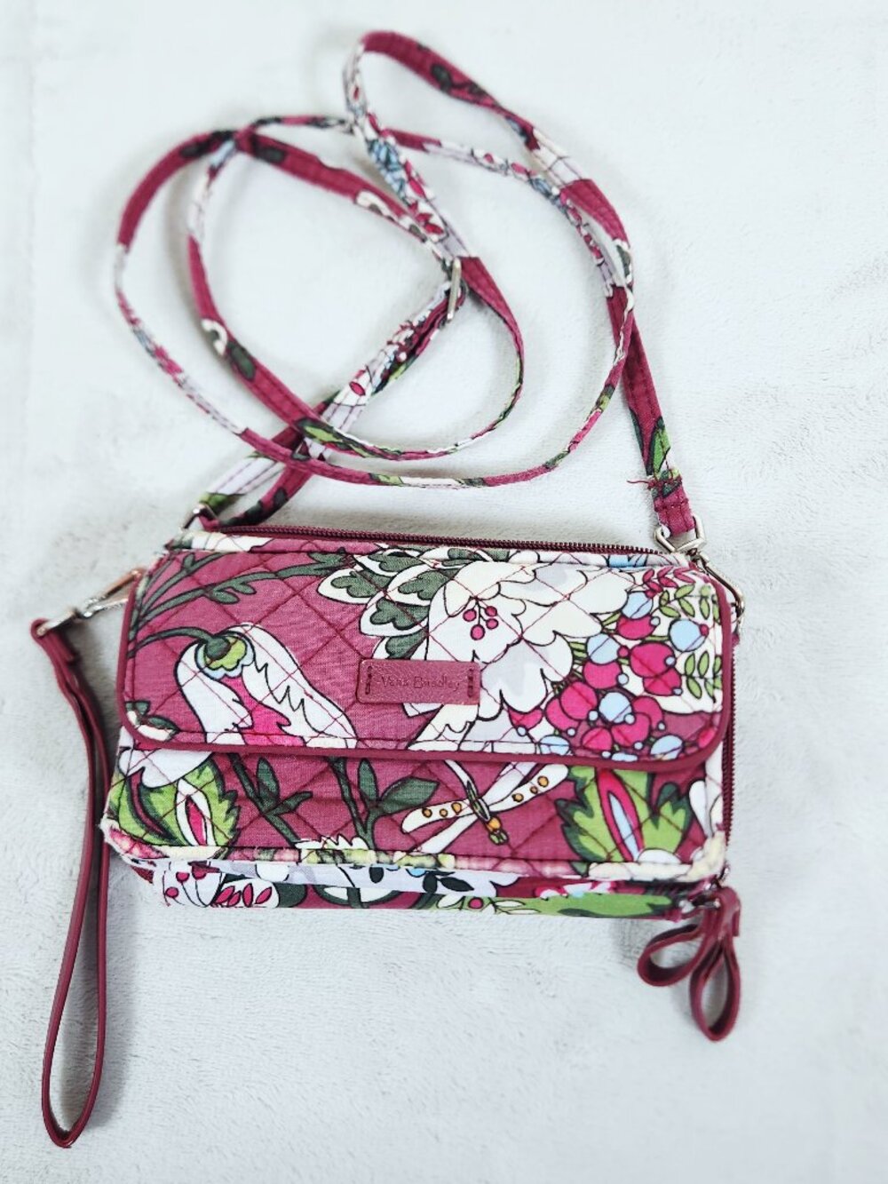 Vera Bradley All In One Crossbody Bordeaux Blooms Wristlet RFID Wallet Maroon